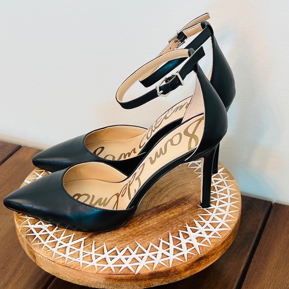 Sam Edelman Harlow Black Leather Ankle Strap D'Orsay Pointed Toe Pumps 7M